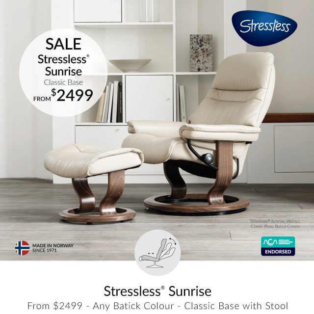 On Special Now the Sunrise Classic Stressless Recliner available at Pfitzner Furniture