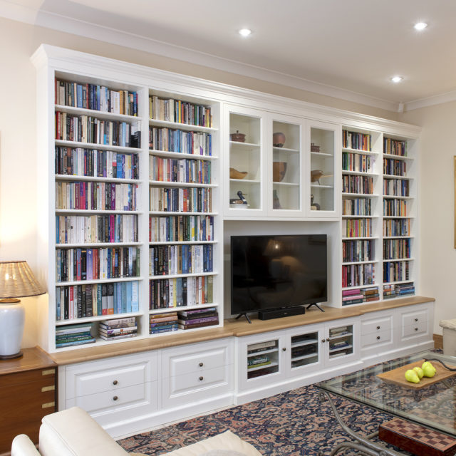 Built-in Book shelf and Entertainment cabinet-painted White oak