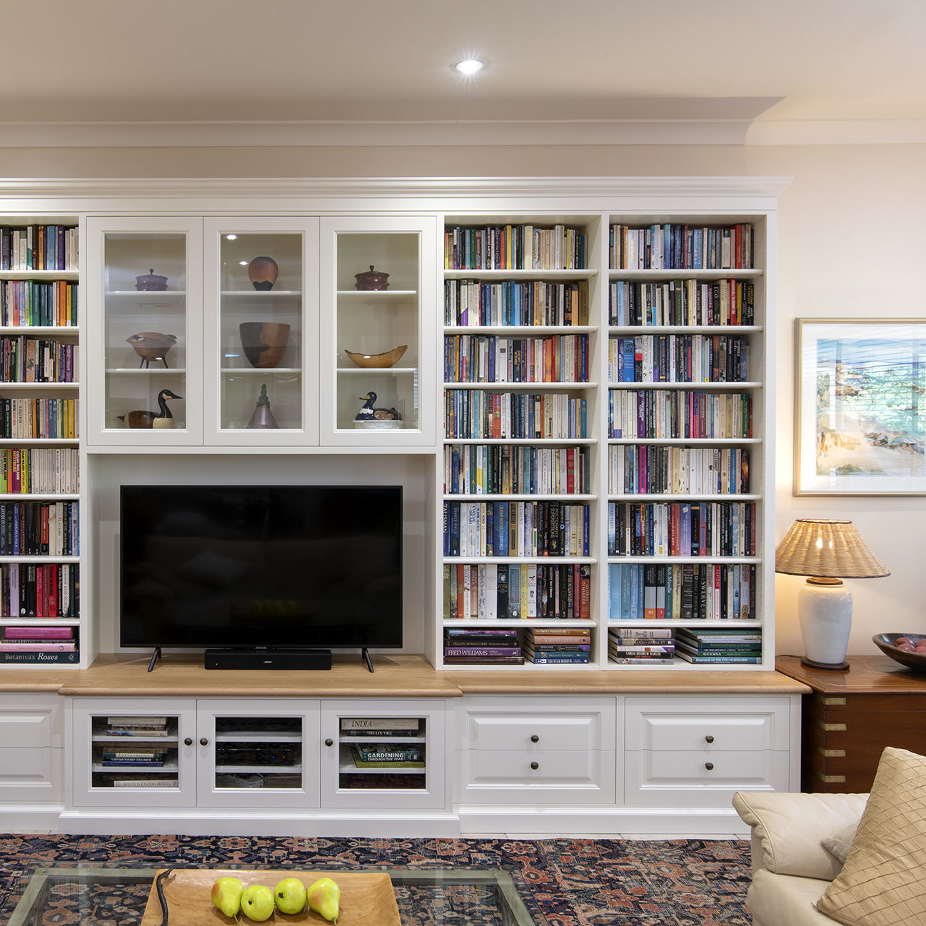 Built-in Book shelf and Entertainment cabinet-painted White oak