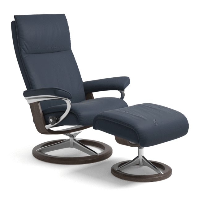 Stressless Aura Recliner with Footstool. Signature base in blue leather