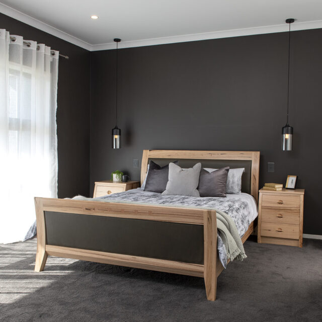 BR40Q Chess Bed Queen Size_Feature Eucalypt and Leather inset head & foot and 3 drawer bedsides
