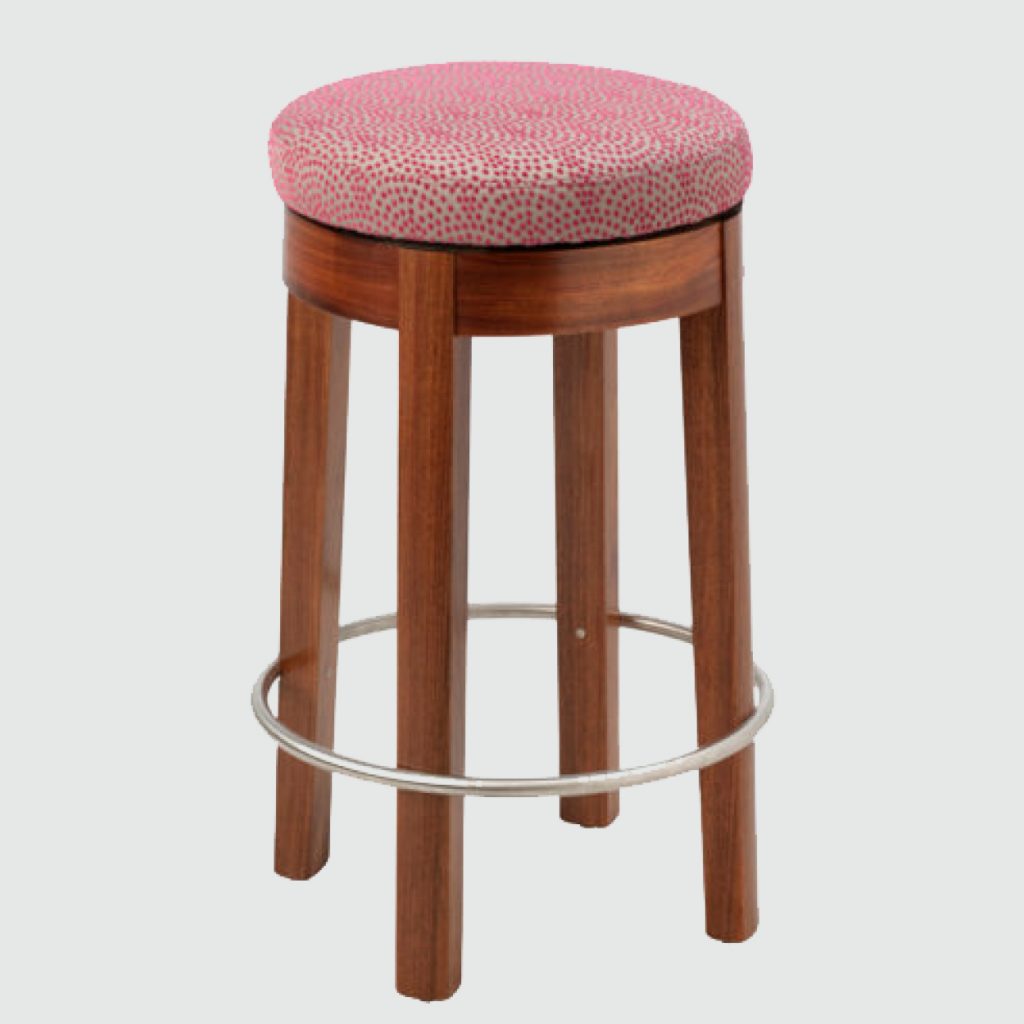 timber bar stool with upholstered seat and metal ring around the legs, made in South Australia