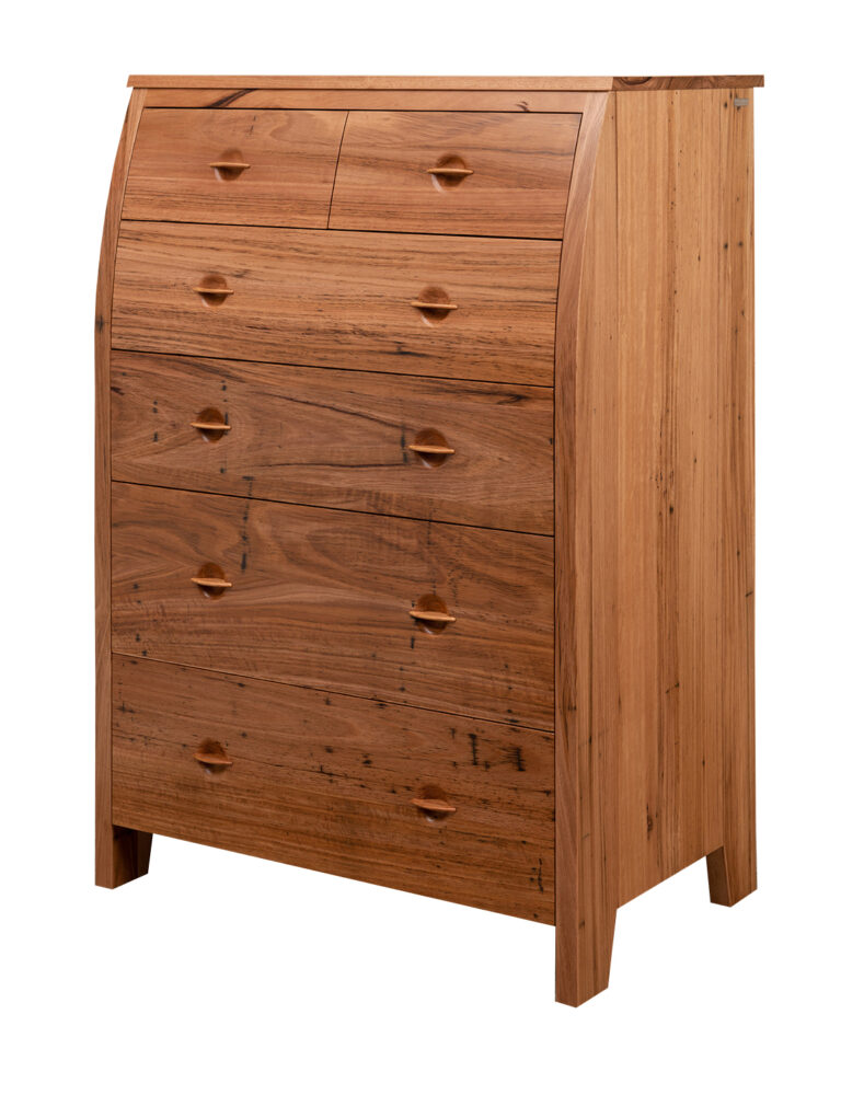 Chess Tallboy with curved front in Feature Eucalypt handcrafted in Adelaide