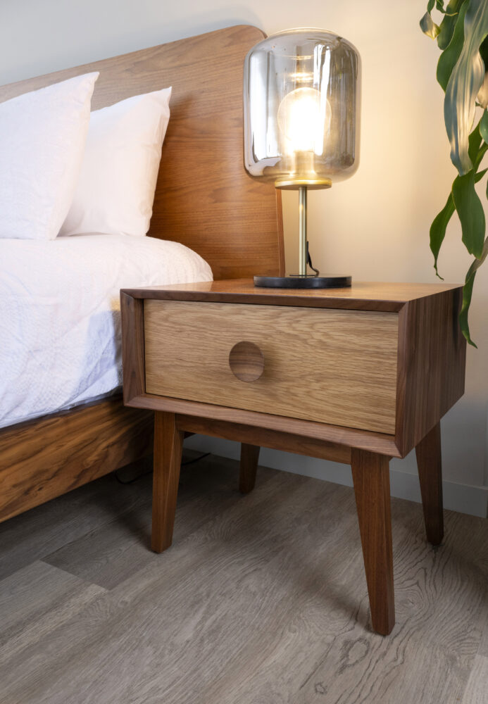 South Australian Made Dan Bedside Table Solid Timber American Oak and Walnut with a light on top.