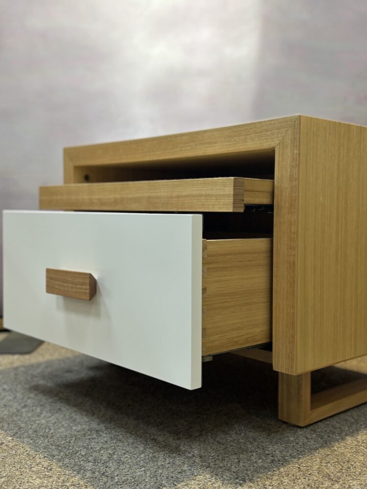 Adelaide, South Australian made oak timber bedside table with drawer and hidden shelf. Side view of Drawer and Shelf