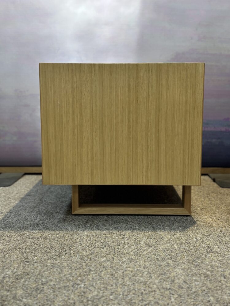 Adelaide, South Australian made oak timber bedside table with drawer and hidden shelf. Side View
