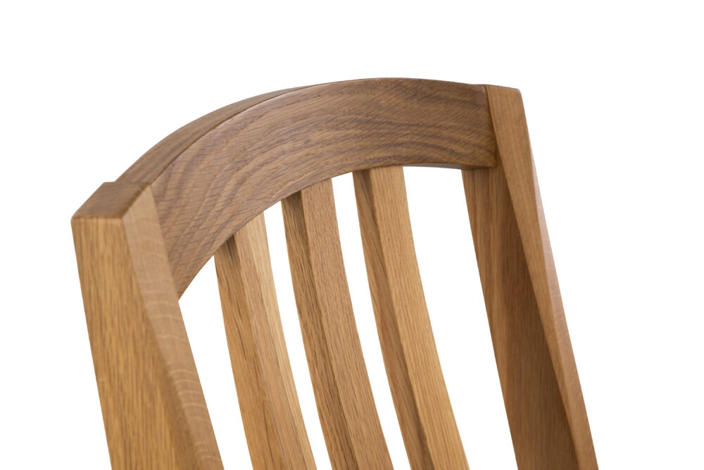 Adelaide, South Australian made solid timber Aldgate dining chair with a slatted back, view of top rail.
