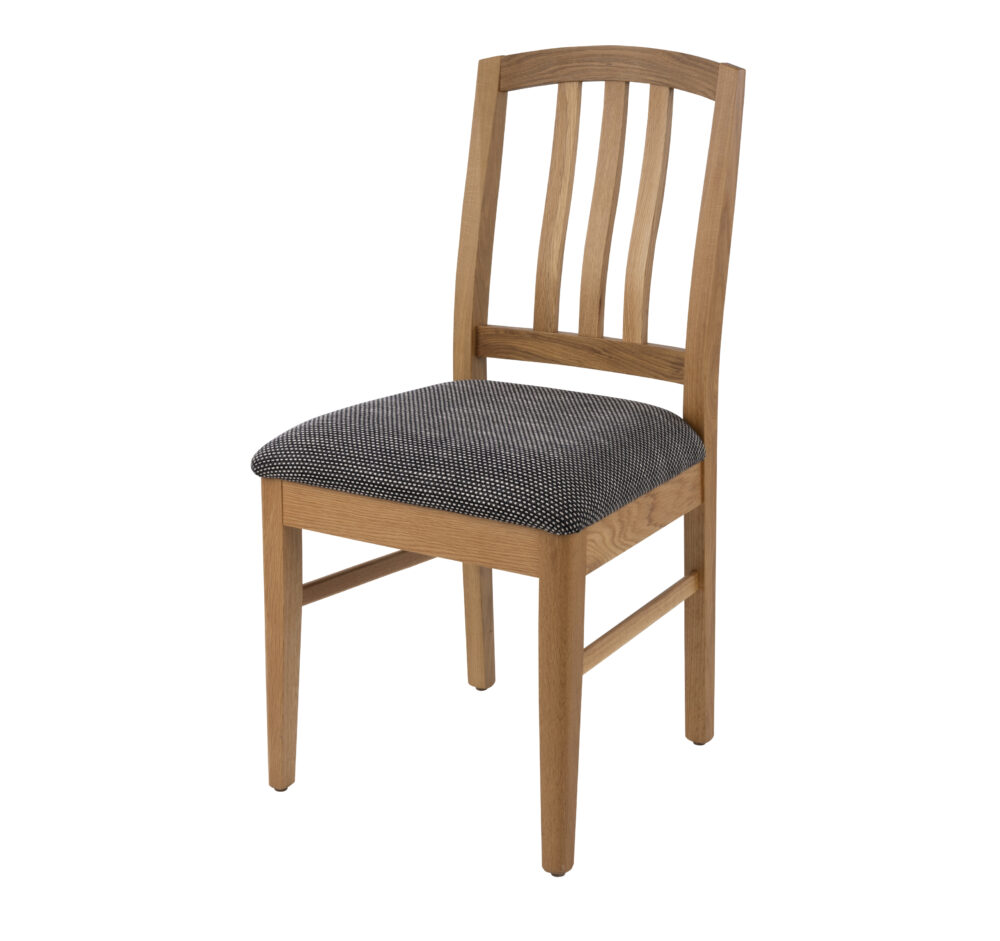 Adelaide, South Australian made solid timber Aldgate dining chair with a slatted back, view of front.