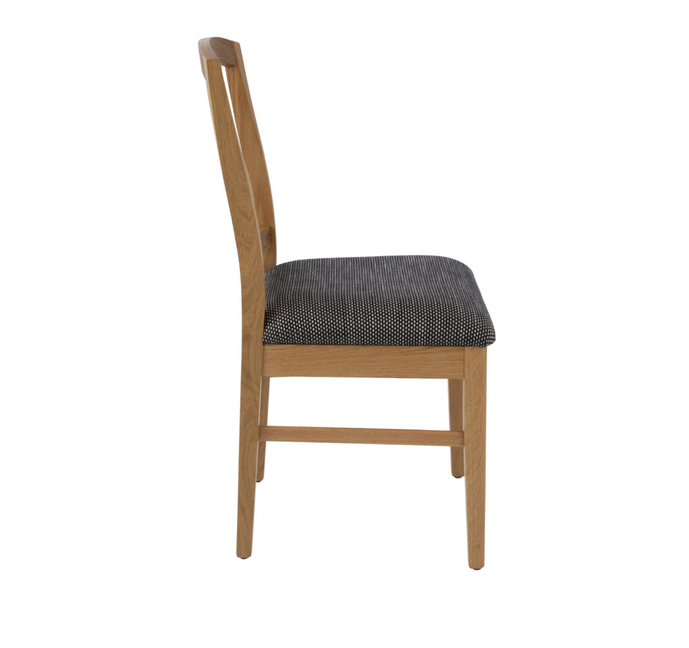 Adelaide, South Australian made solid timber Aldgate dining chair with a slatted back, view of side.