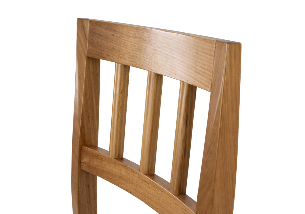 Adelaide, South Australian made solid timber Beltana dining chair with a slatted back, view of top rail.