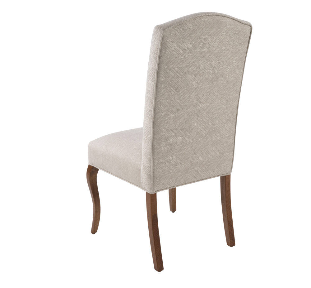 Adelaide, South Australian made solid timber traditional Bordeaux dining chair upholstered in neutral, view of back.