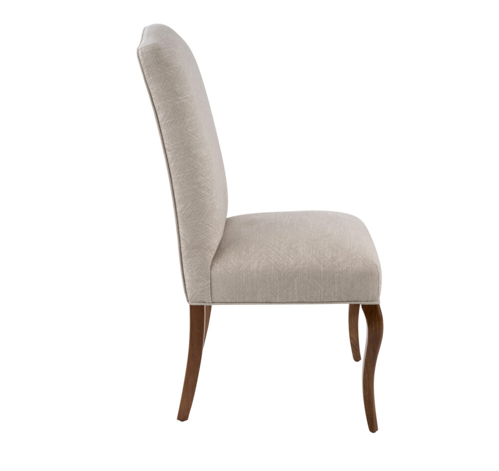 Adelaide, South Australian made solid timber traditional Bordeaux dining chair upholstered in neutral, view of side.