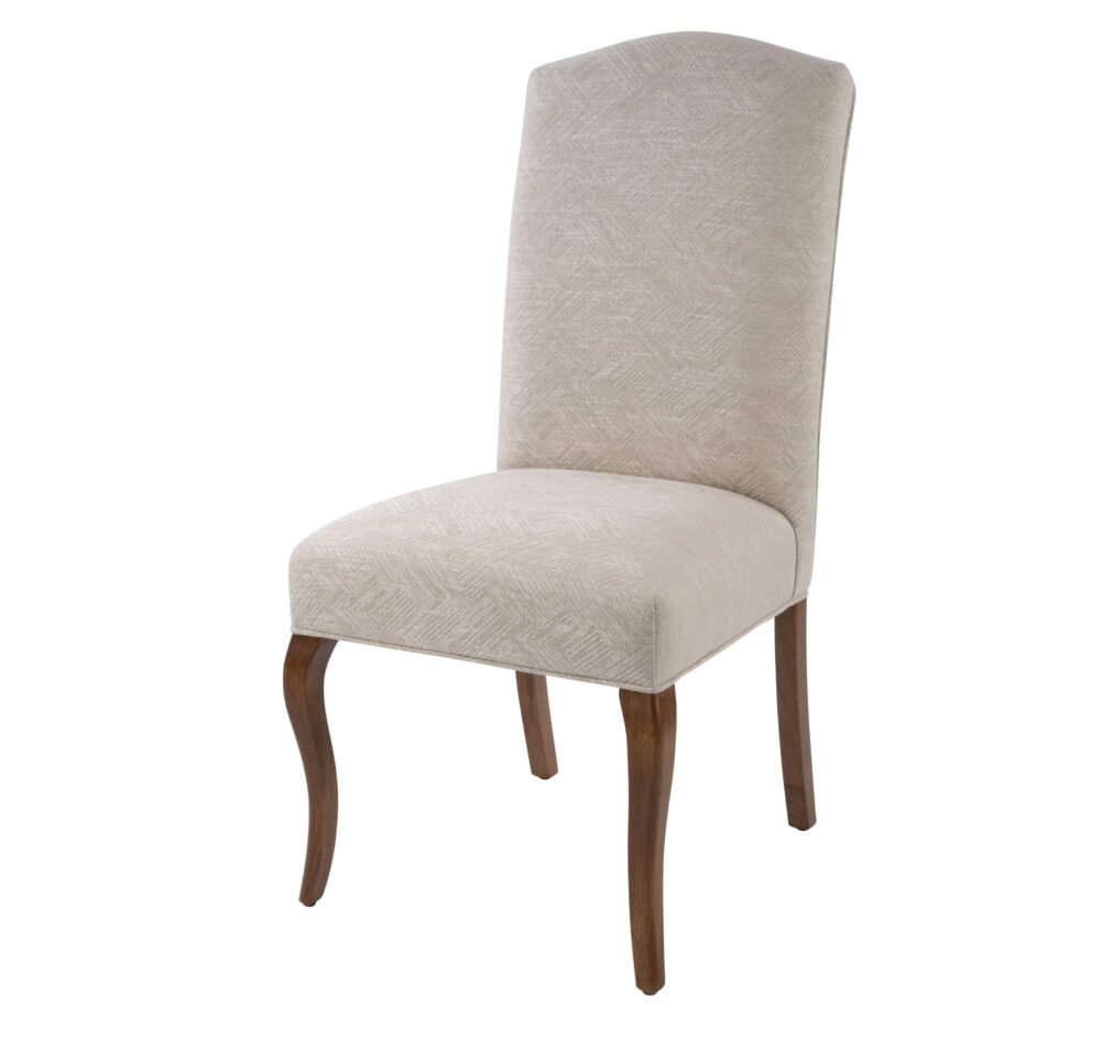 Adelaide, South Australian made solid timber traditional Bordeaux dining chair upholstered in neutral, view of front.