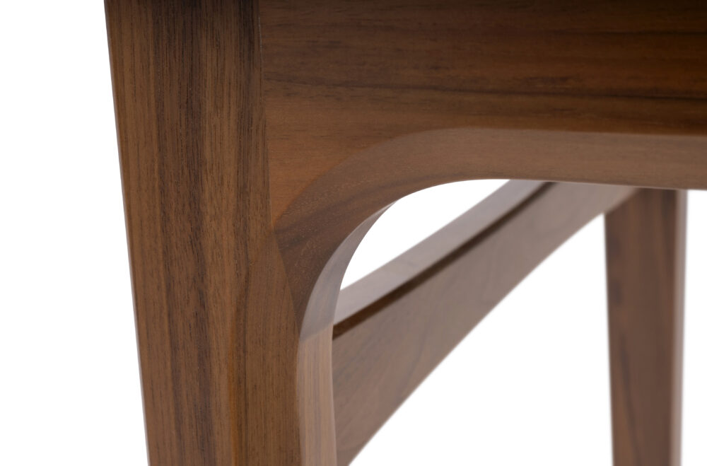 Adelaide, South Australian made solid timber Dan dining chair with a timber back, view of leg rail detail.