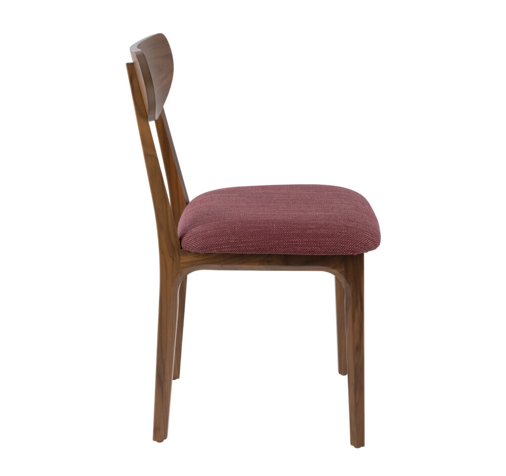 Adelaide, South Australian made solid timber Dan dining chair with a timber back, view of side.