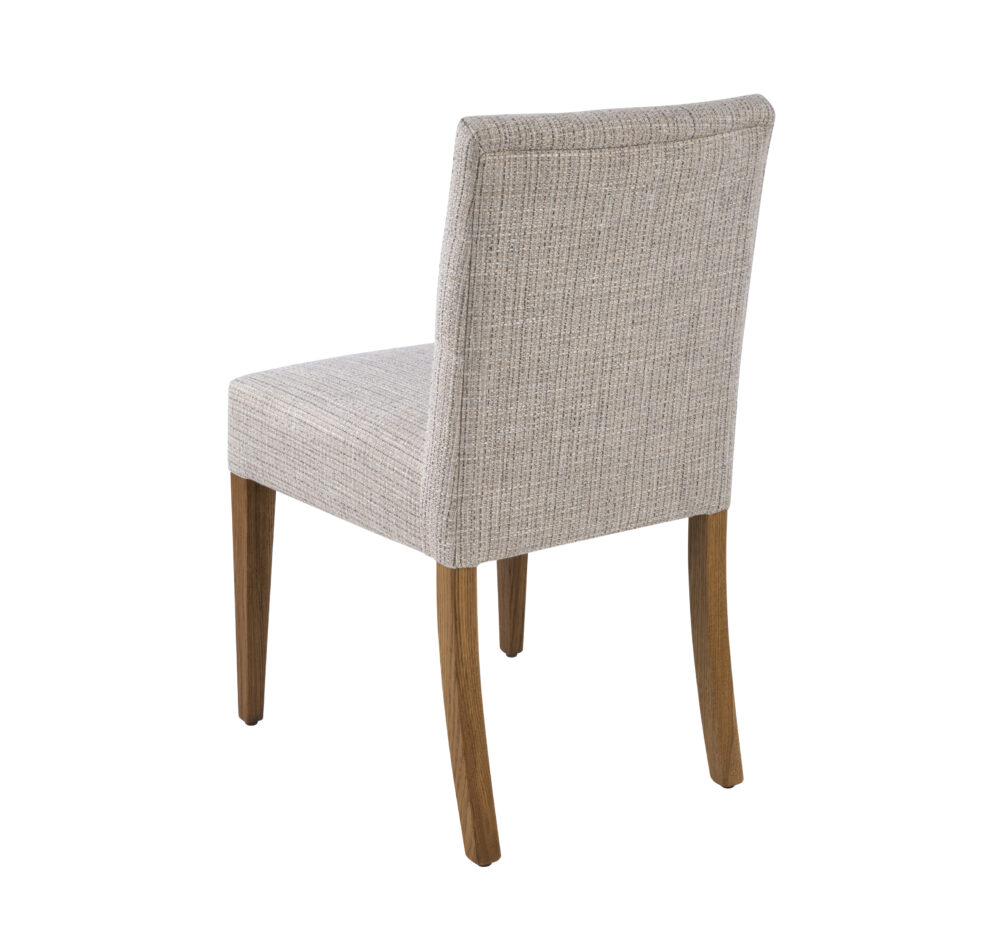 Adelaide, South Australian made solid timber Henley dining chair upholstered in fabric, view of back.