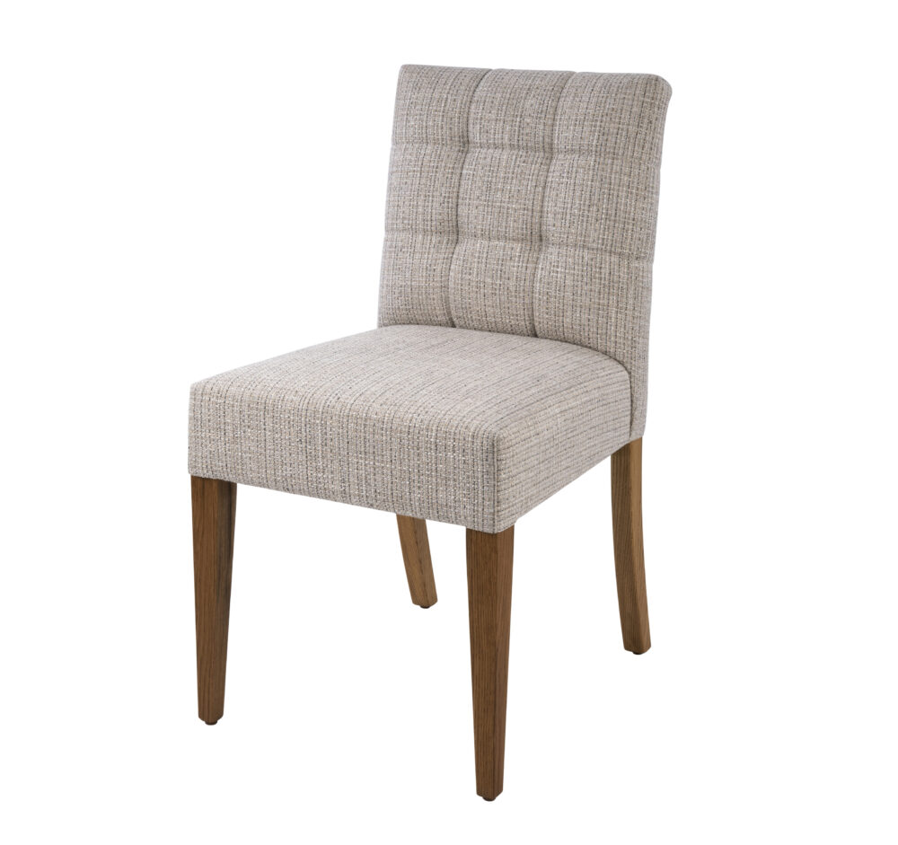 Adelaide, South Australian made solid timber Henley dining chair upholstered in fabric, view of front.