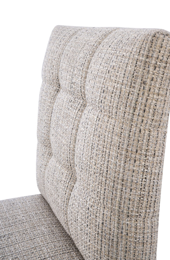 Adelaide, South Australian made solid timber Henley dining chair upholstered in fabric, view of back detail.