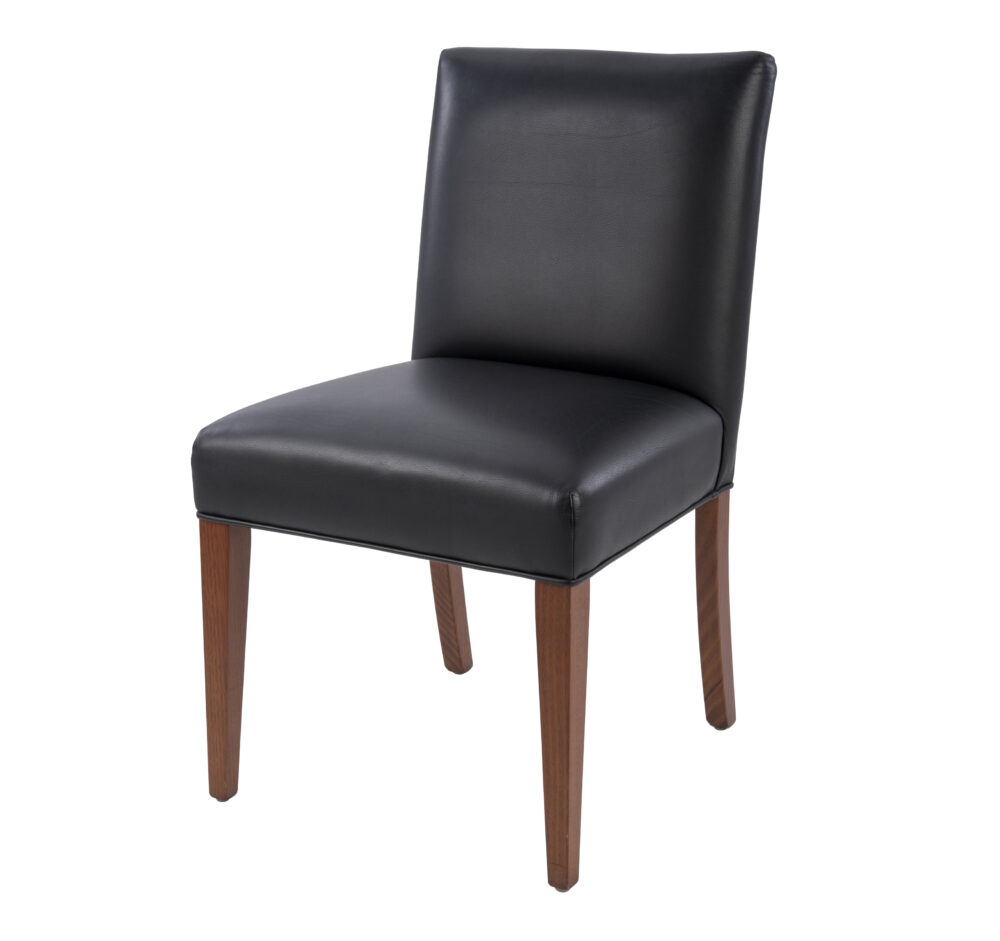 Adelaide, South Australian made solid timber Leone Low Back premium dining chair upholstered in black leather, view of front.