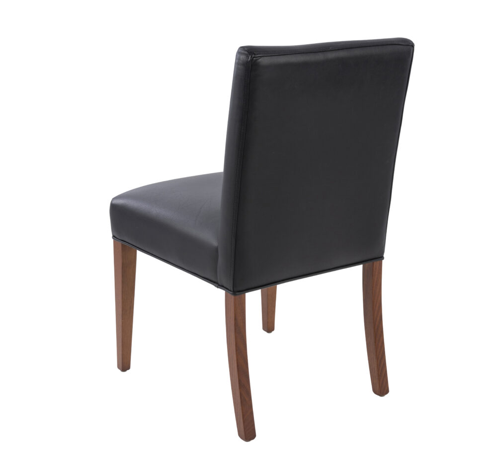 Adelaide, South Australian made solid timber Leone Low Back premium dining chair upholstered in black leather, view of back.