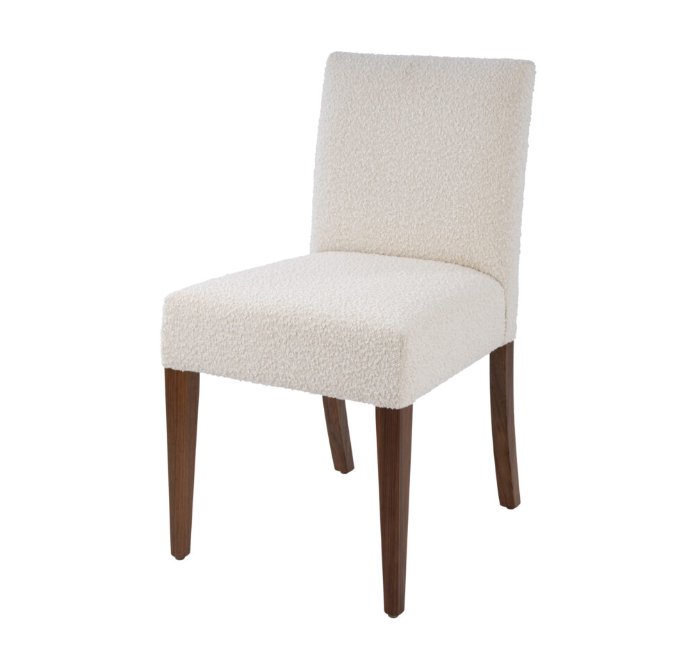 Adelaide, South Australian made solid timber McLaren dining chair upholstered in white fabric, view of front.