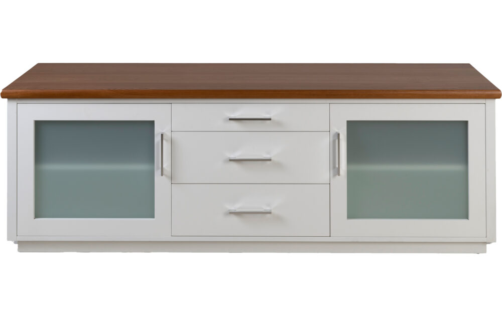 Custom TV Unit with White painted front, Glass cupboard & Wood Top