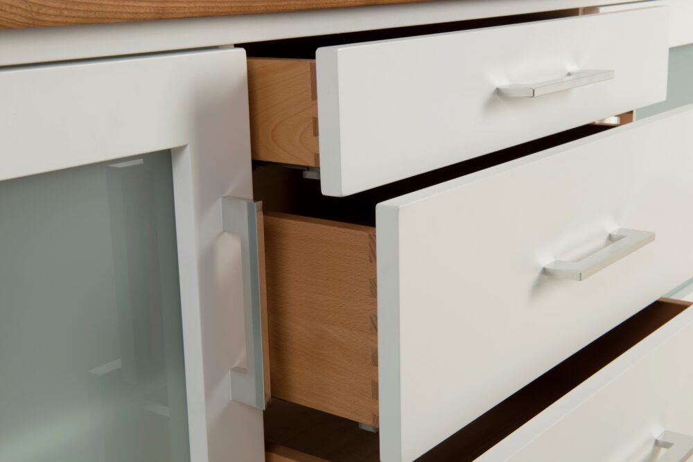 Custom TV Unit with White painted front, Frosted Glass cupboard doors & 3 dovetailed timber drawers