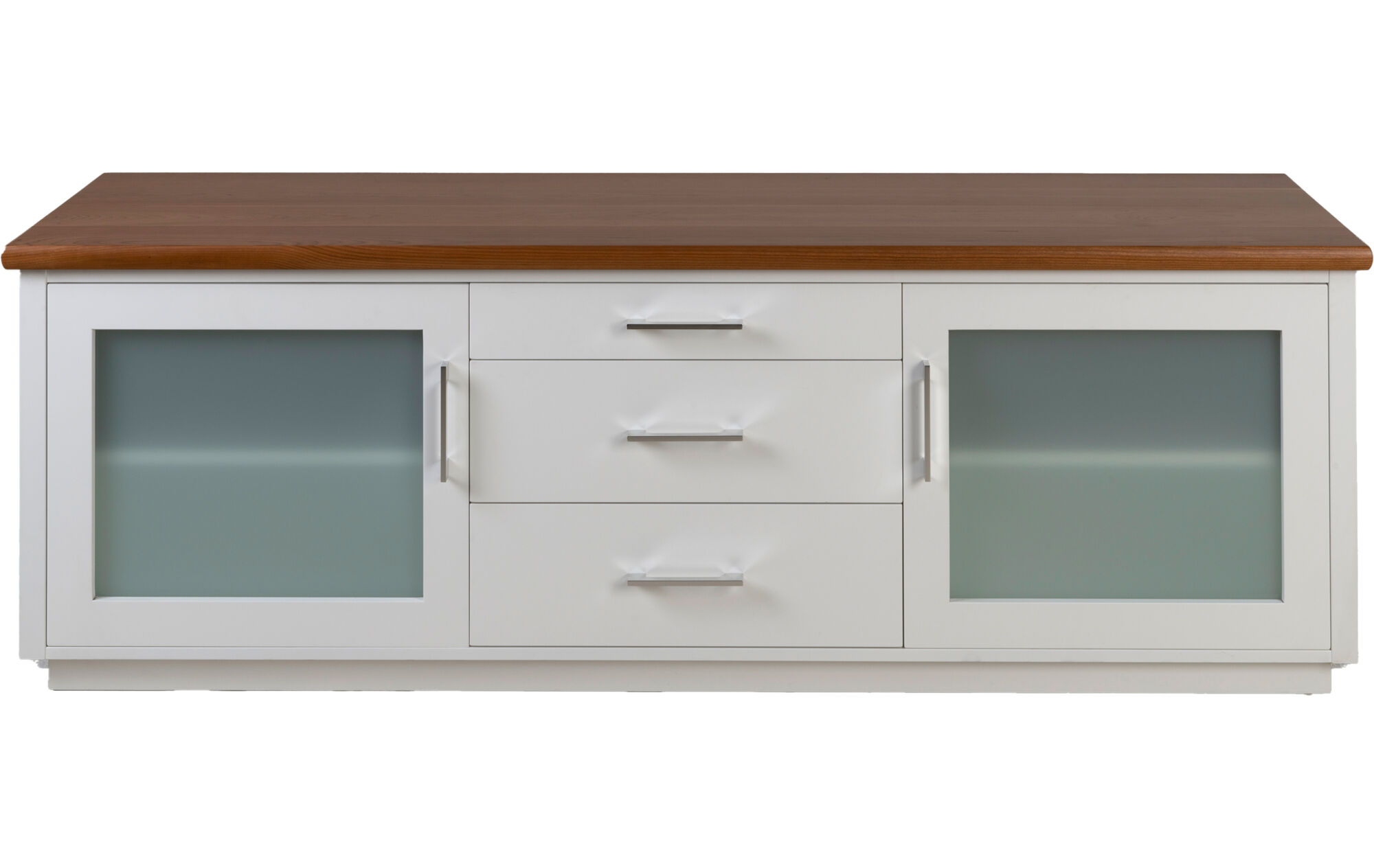 Custom TV Unit with White painted front, Glass cupboard & Wood Top