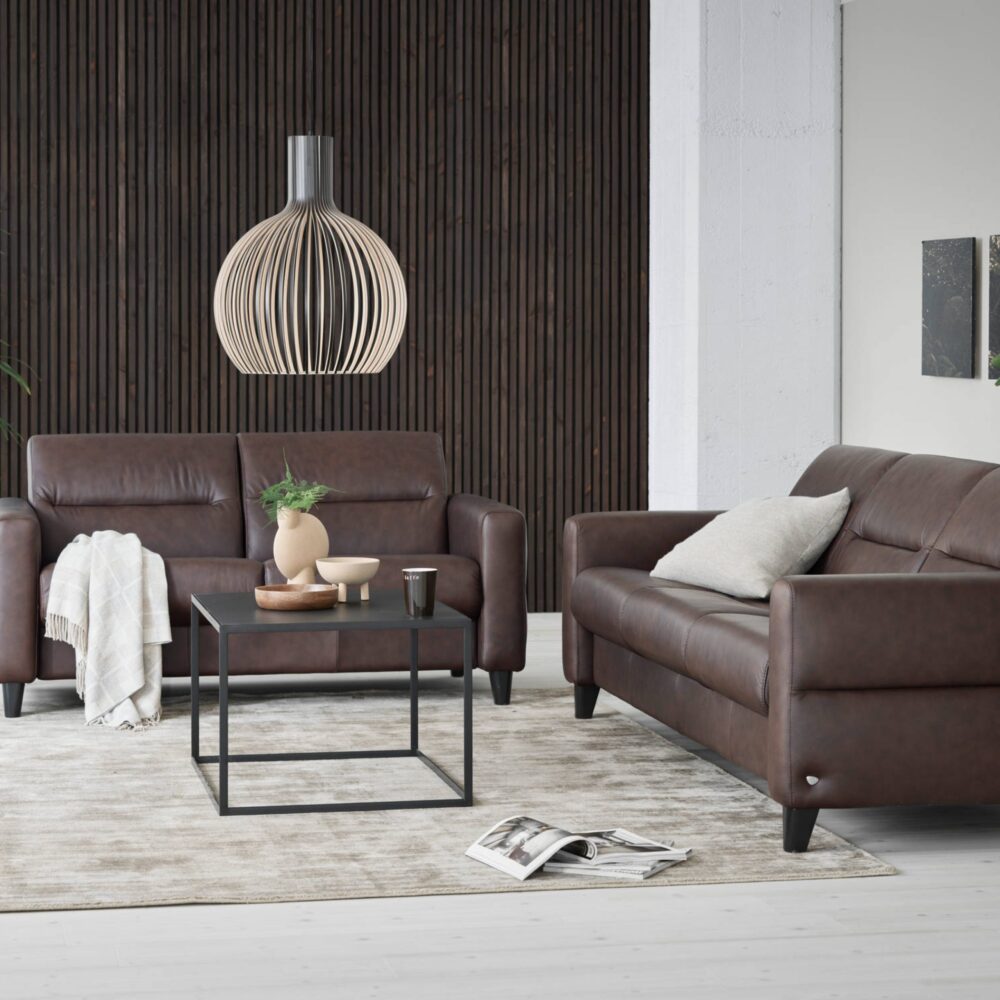 Stressless Fiona Sofa 2 seater and 3 seater, chocolate leather, upholstered arms black wooden legs