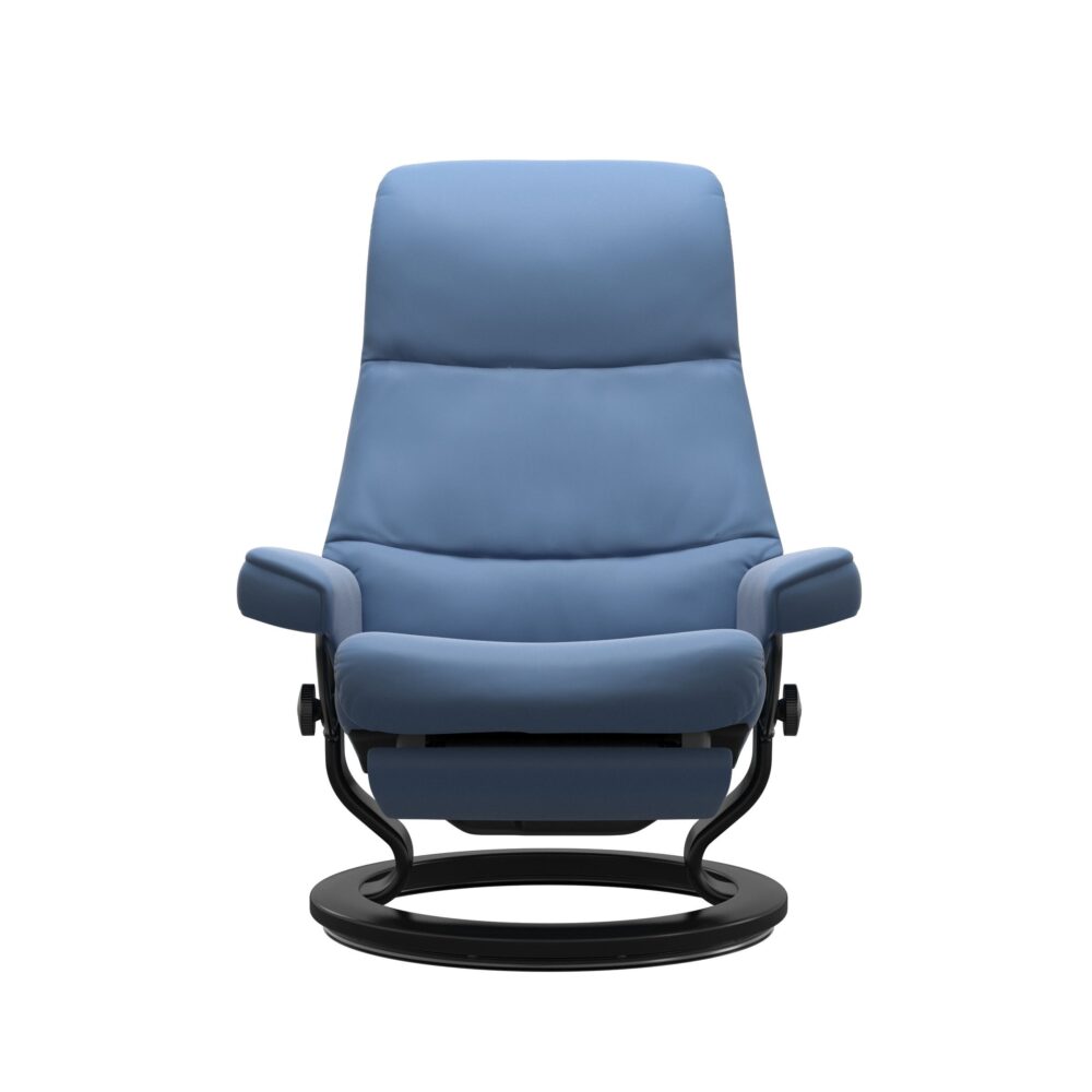 Stressless View Power Leg and Back Recliner with Batick Lazuli Blue Leather and Black Stain wood Base