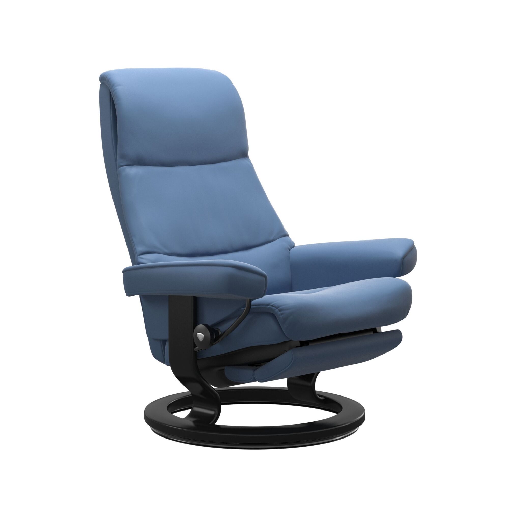 Stressless View Power Leg and Back Recliner with Batick Lazuli Blue Leather and Black Stain wood Base