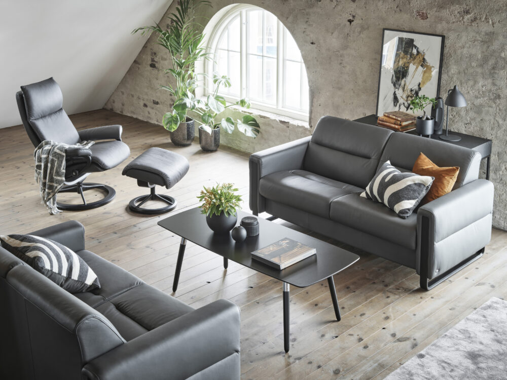 Stressless Aura Signature Base Paloma Leather Dark Black Rock Aluminium Metal Black Wood