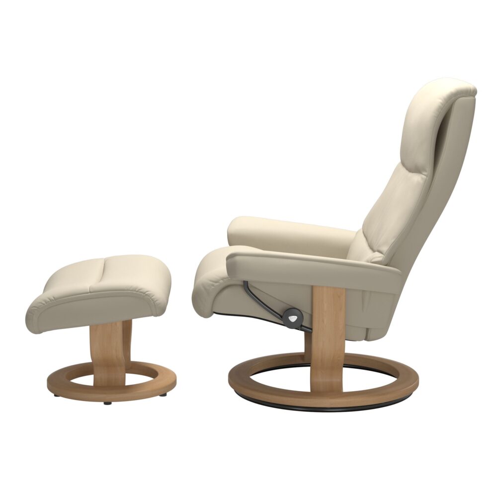 Stressless View Classic Base Recliner with Cori Leather Light Cream White Wood Oak