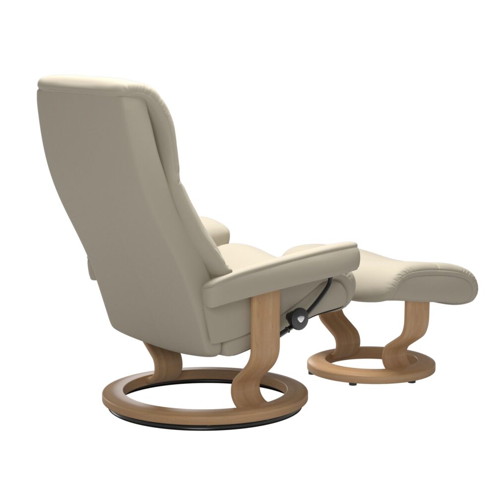 Stressless View Classic Base Recliner with Cori Leather Light Cream White Wood Oak