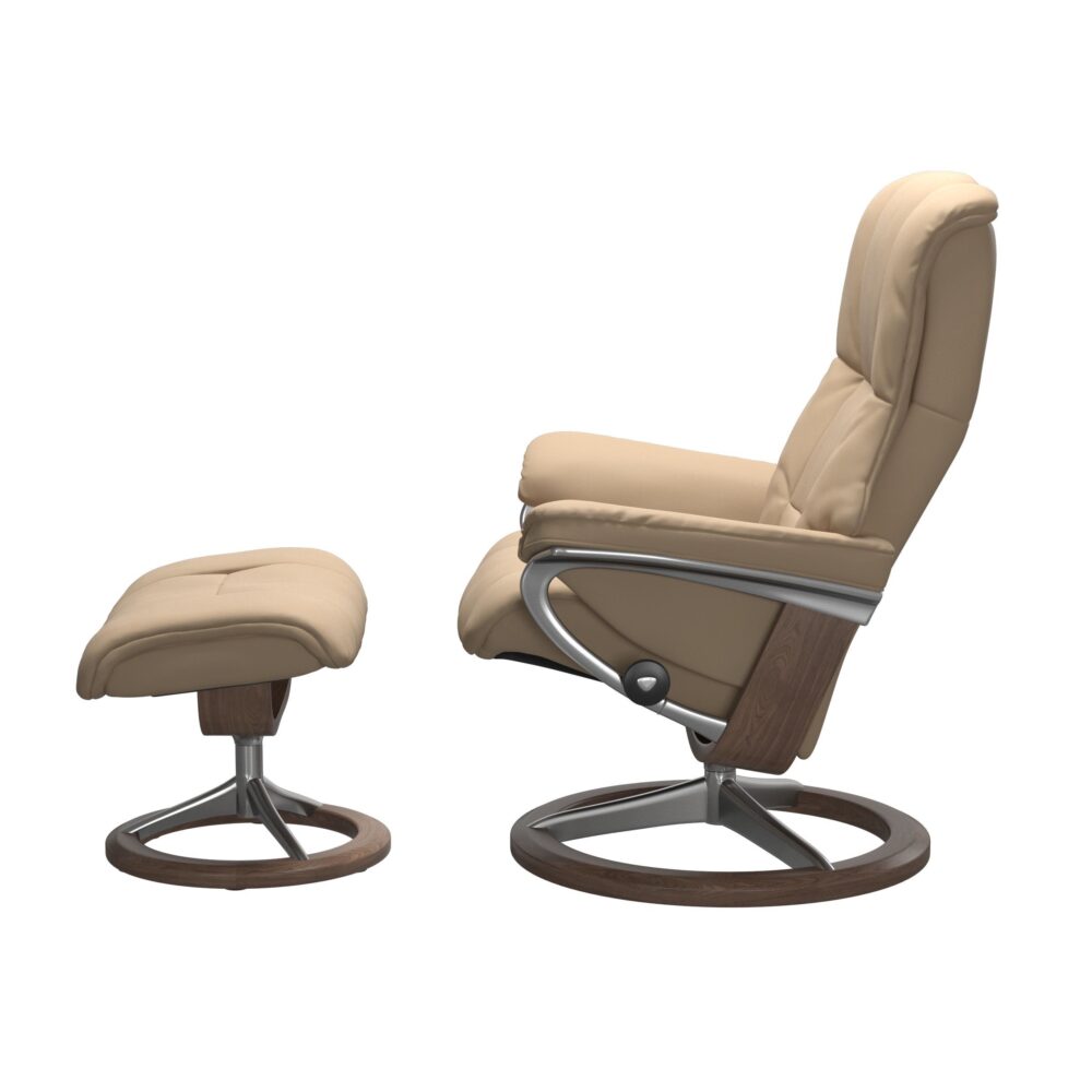 Stressless Mayfair Signature Base Recliner with Paloma Beige Light brown Leather Polished Aluminium Metal Brown Walnut Wood