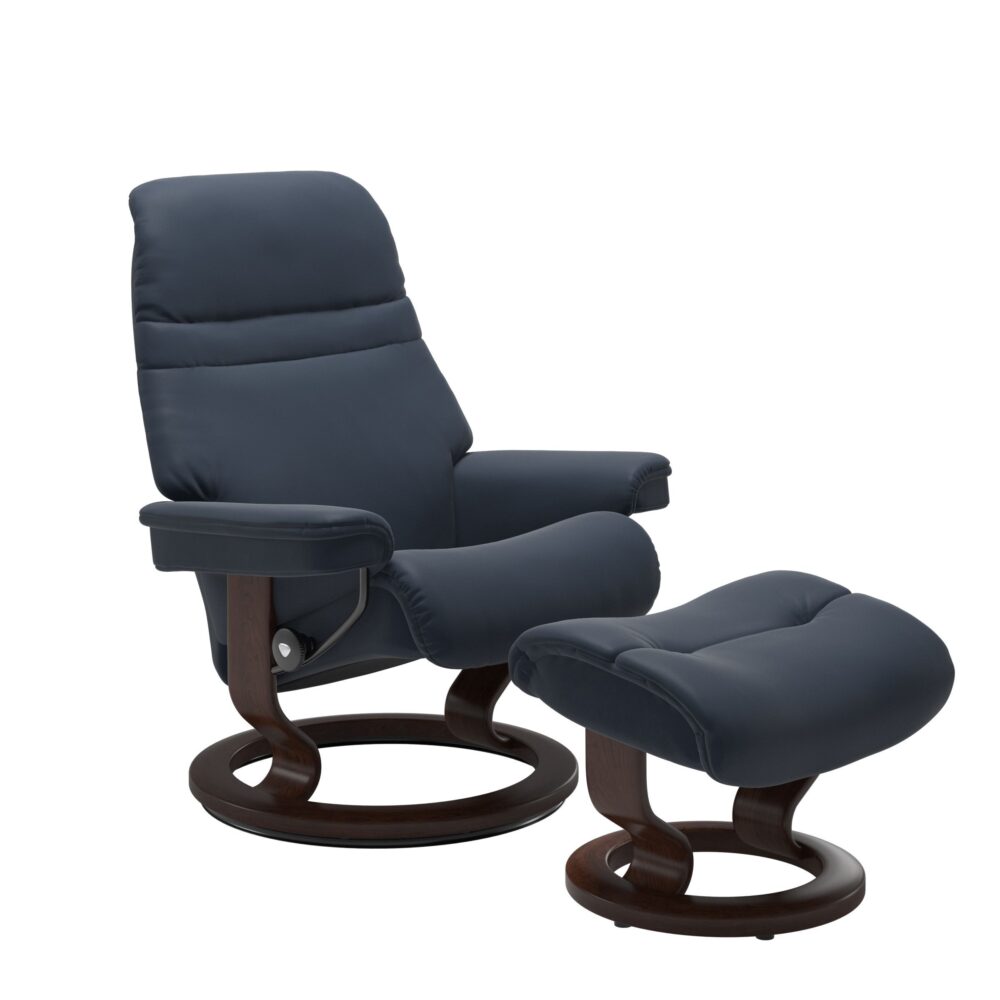 Stressless Sunrise Recliner Classic Base Brown with Paloma leather Dark Blue