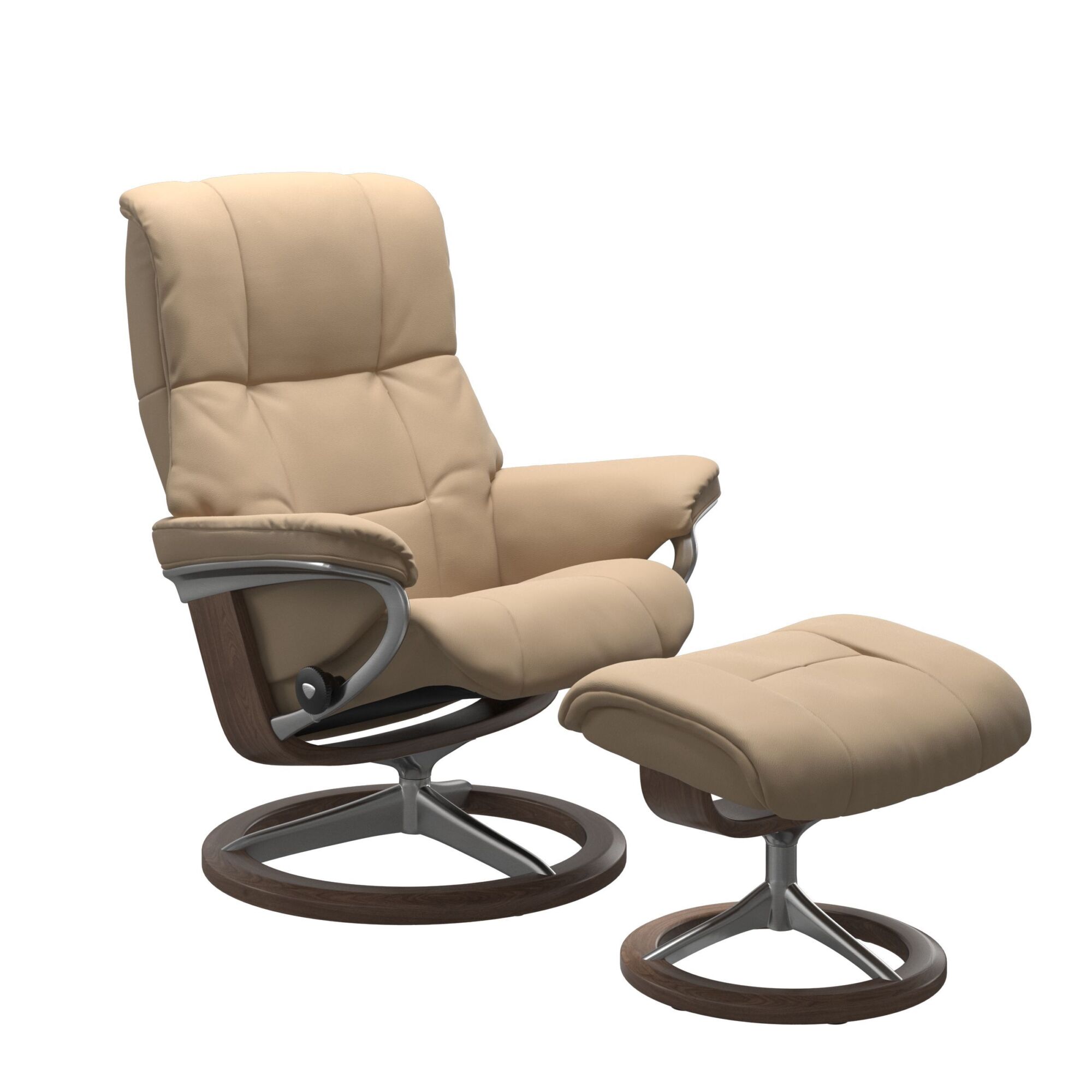 Stressless Mayfair Signature Base Recliner with Paloma Beige Light brown Leather Polished Aluminium Metal Brown Walnut Wood