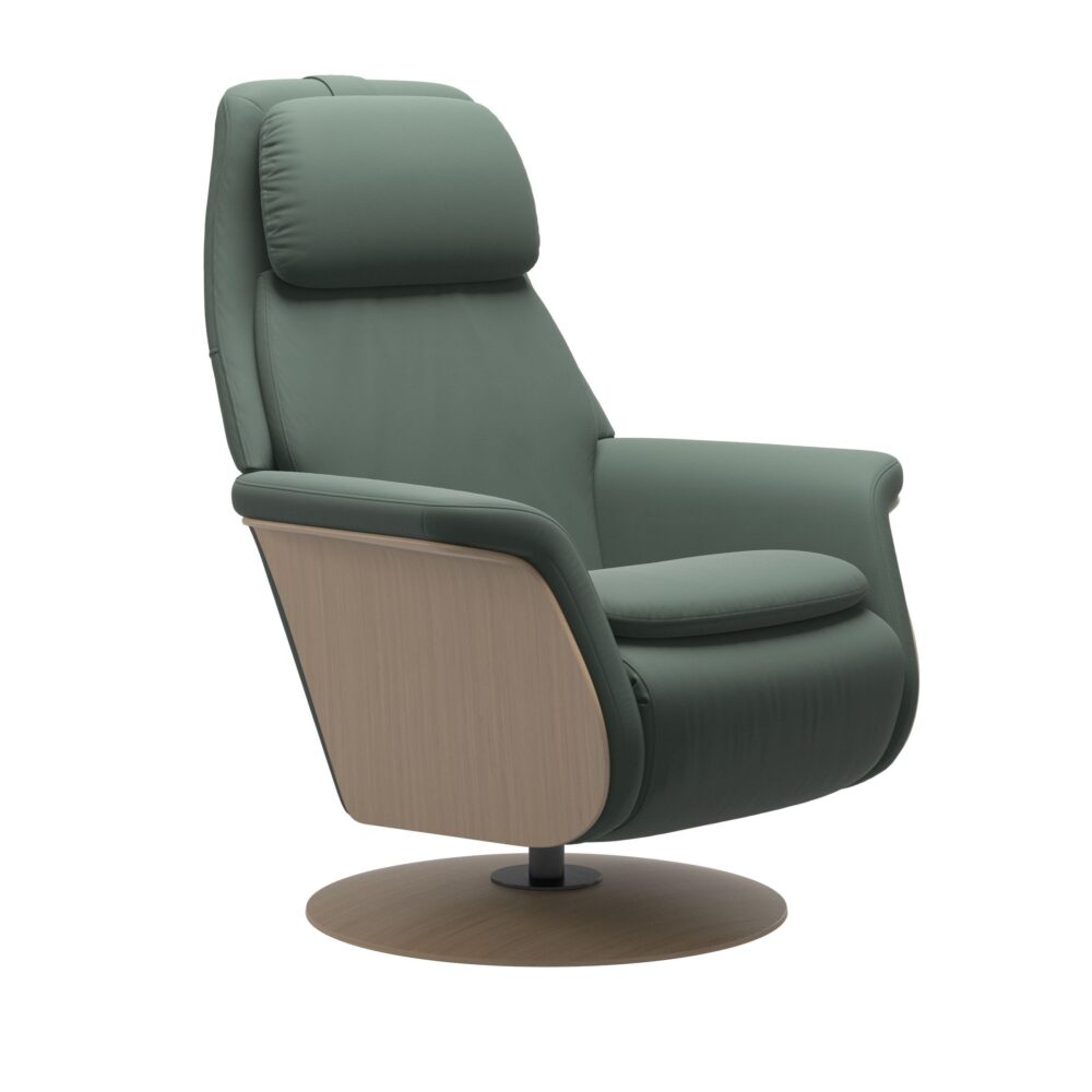 Stressless Sam Power Recliner with Heating and Massage in Paloma Dark Green and with Oak side and base